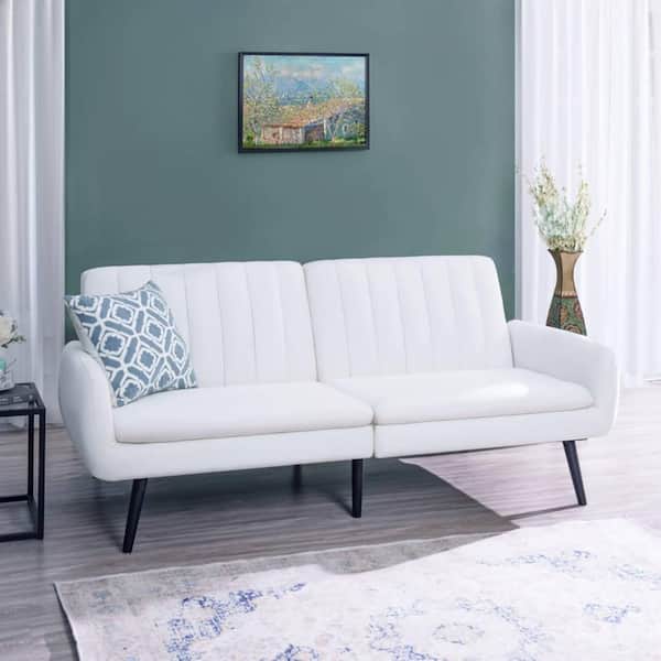 HOMESTOCK Convertible Sofa Futon, Split Back Linen Sleeper Couch for Living Room in White