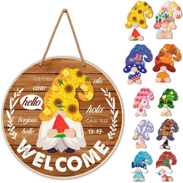 Unbranded 12 in. x 12 in. Multicolor Round Seasonal Gnome Interchangeable Decor 21-Pieces by Wood Wall Art