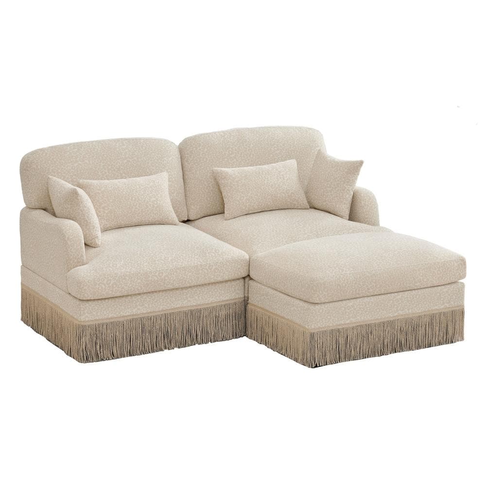 Comfy Chenille Leopard Print 2-Seat Sofa with Tassel Edge, Movable Ottoman, Ergonomic Design, Easy Assembly, Beige