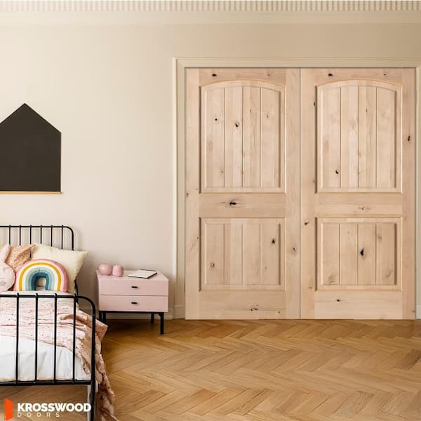 64 in. x 80 in. Rustic Knotty Alder 2-Panel Arch Top VG Both Active Unfinished Wood Double Prehung Interior French Door