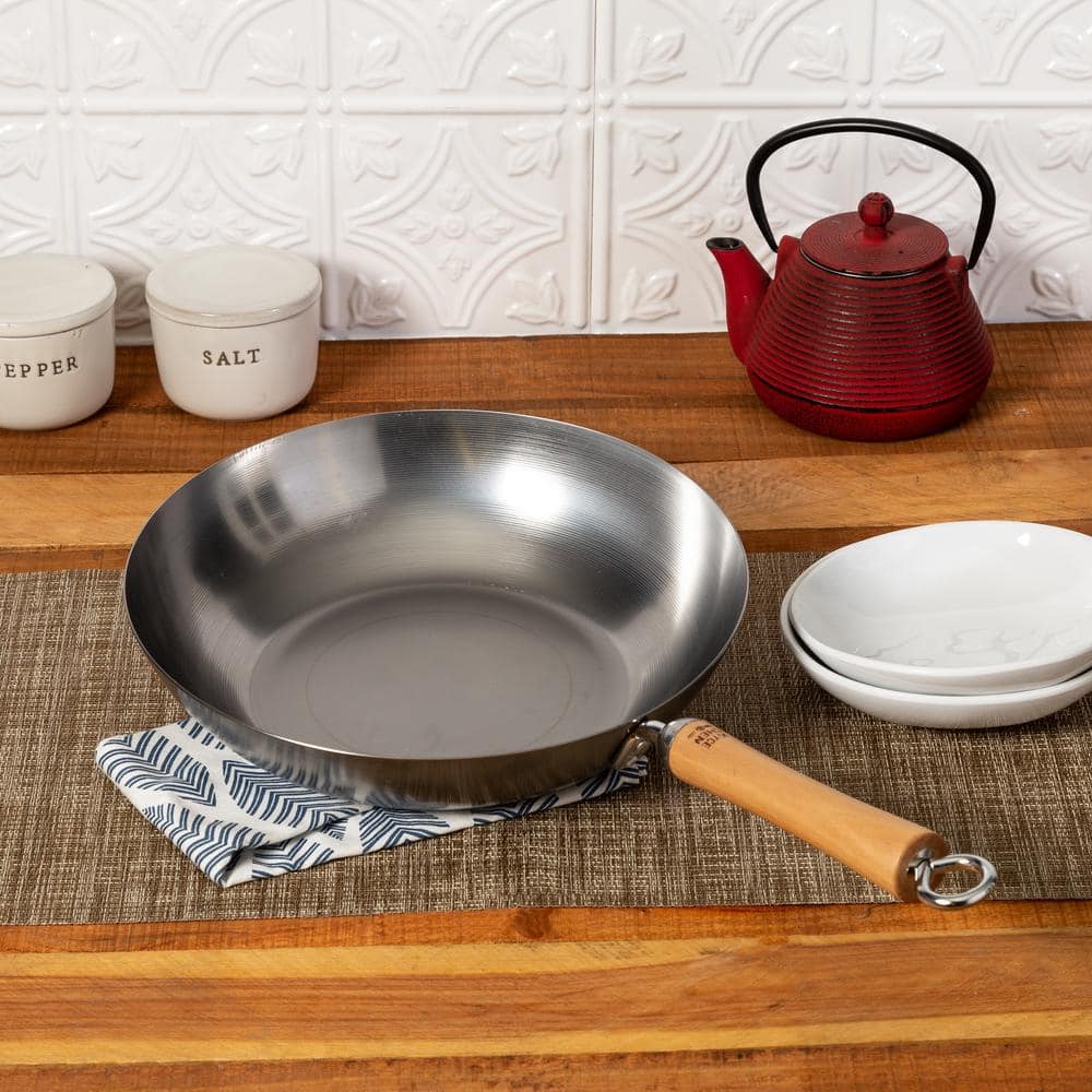 12-Inch Silver Carbon Steel Stir Fry Pan with Birch Handle