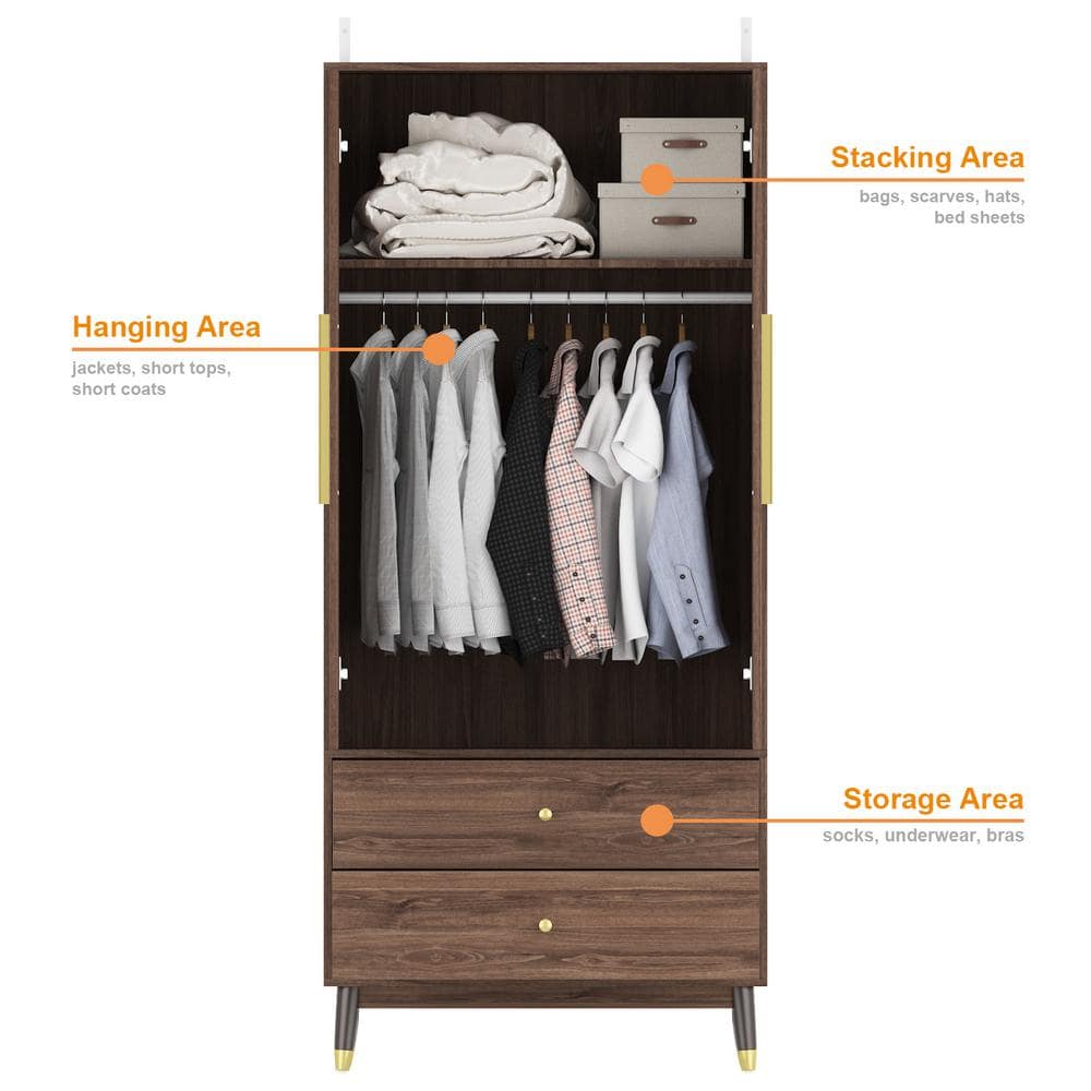 Brown Armoire with 2-Drawers, Hanging Rod and Gold Metal Handles (71.1 in. H x 19.1 in. W x 31.5 in. D) - thumbnail 5