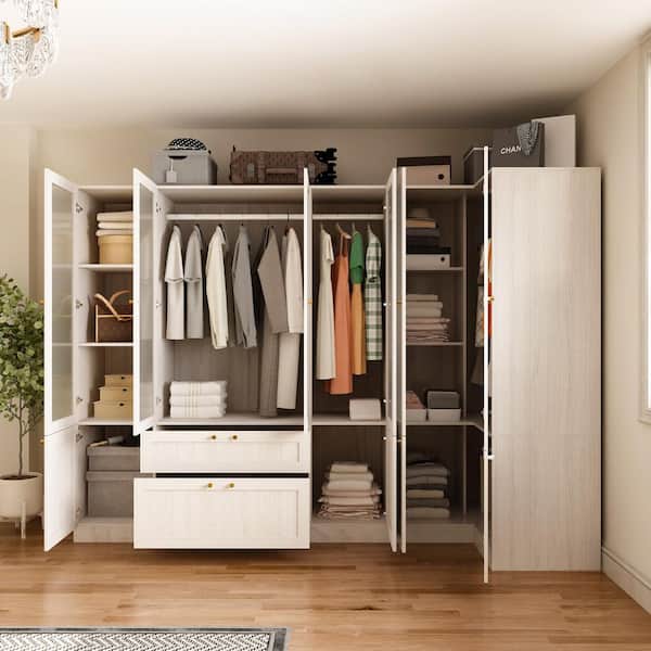 Light Oak Wood 63 in. Bedroom Armoire with Hanging Rod, Drawers and Frosted Glass Doors