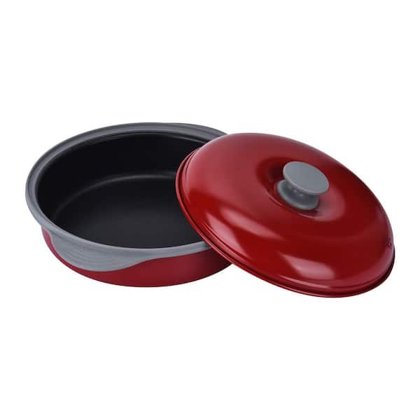 Red Coated Metal Microwave Frying Pan Skillet, Grill and Crisper Pan with Lid, Non-Stick and Easy to Clean