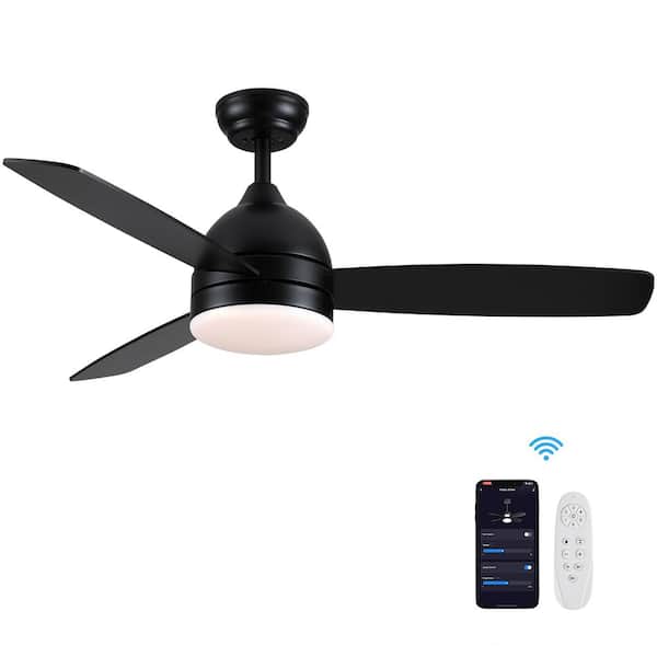 YUHAO Modern 48 in. Smart Indoor Matte Black Downrod Standard Ceiling Fan with Integrated LED, Work with Alex and Tuya App