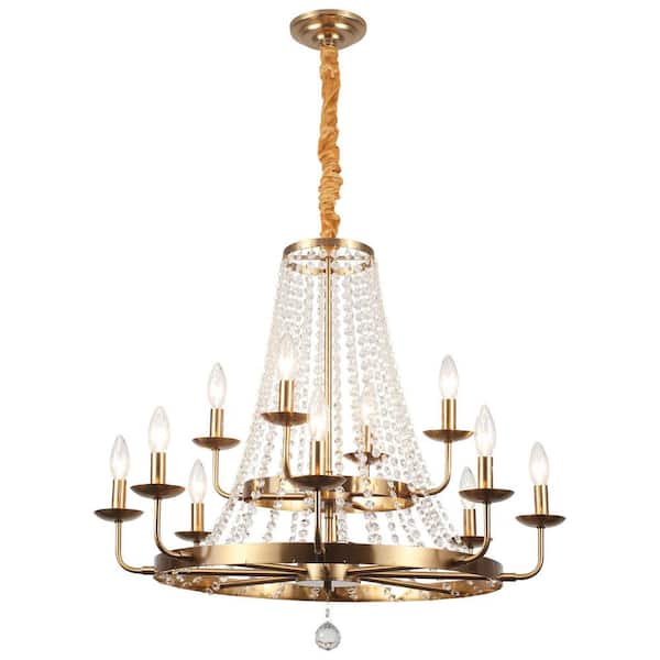 8+4-Light Golden Classic Crystal Wagon Wheel 2 Tier Chandelier for Living Room Dinning Room with No Bulbs Included