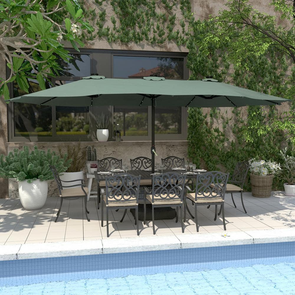 9-Piece Black Cast Aluminum Outdoor Dining Set with Extendable Hollow Table with Umbrella Hole and Beige Cushions
