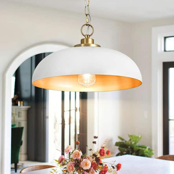 Detroit 15.75 in. Wide 1-Light White and Brass Modern Transitional Dome Pendant Light for Dining Room