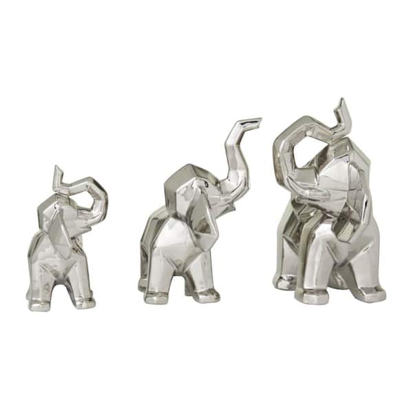 CosmoLiving by Cosmopolitan Silver Porcelain Cubist Elephant Sculpture (Set of 3)