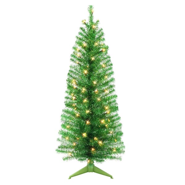 Puleo International 4.5 ft. Prelit Green Tinsel Artificial Christmas Tree with 70 UL-Listed Clear Incandescent Lights