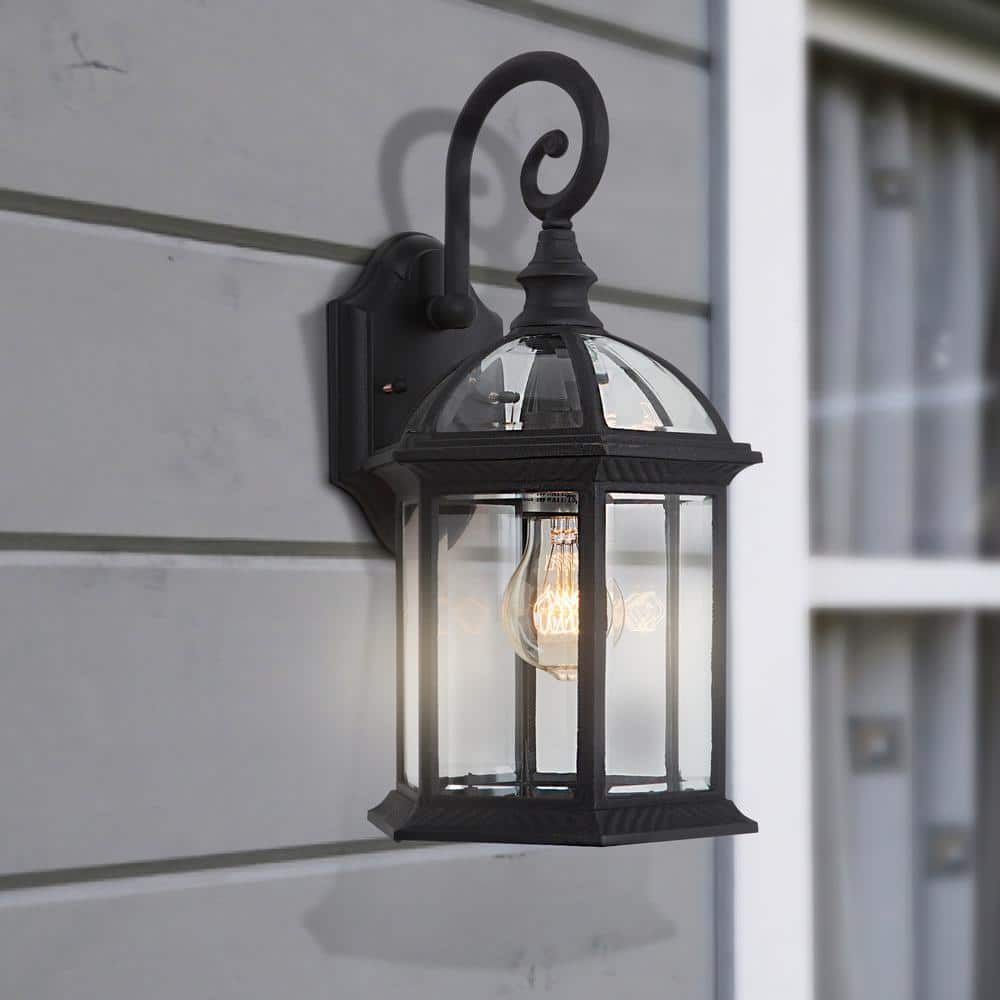 Black Beveled Glass Outdoor Wall Lantern with Curved Handle