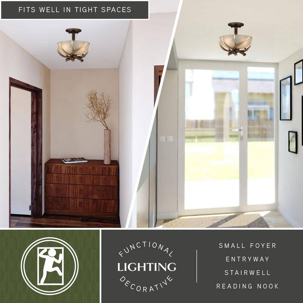 Rustic Antler 12" Black Walnut Semi-Flush Ceiling Light with Creme Glass