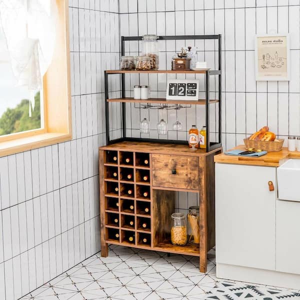 18-Bottle Brown Freestanding Wine Rack Table with Glass Holder and Drawer