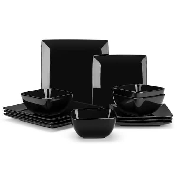 Soho 12-Piece Modern Square Black Stoneware Dinnerware Set Service for 4 Dinnerware Sets 17.76 x 14.09 x 7.52
