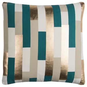 Teal/Gold Metallic Striped Cotton Poly Filled 20 in. x 20 in. Decorative Throw Pillow