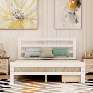 White Full Size Bed Frame, Full Bed Frame with Headboard and Storage Drawers, Wood Bed Frame for Living Room