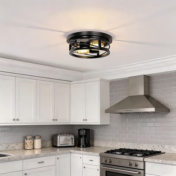 10.6 in. 2-Light Black Industrial Flush Mount with Metal Shade and No Bulbs Included 2-Pack