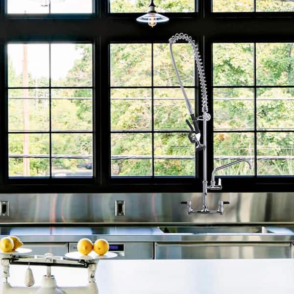 Solid Brass 47 in. H Commercial Triple-Handle Pull Down Sprayer Kitchen Faucet with Pre-Rinse Sprayer in Polished Chrome