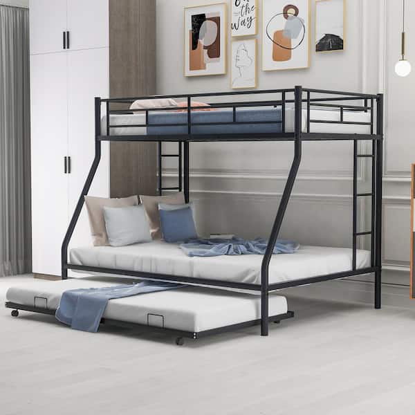 Polibi Black Twin Over Full Bed with Sturdy Steel Frame, Bunk Bed with Twin Size Trundle, 2-Side Ladders