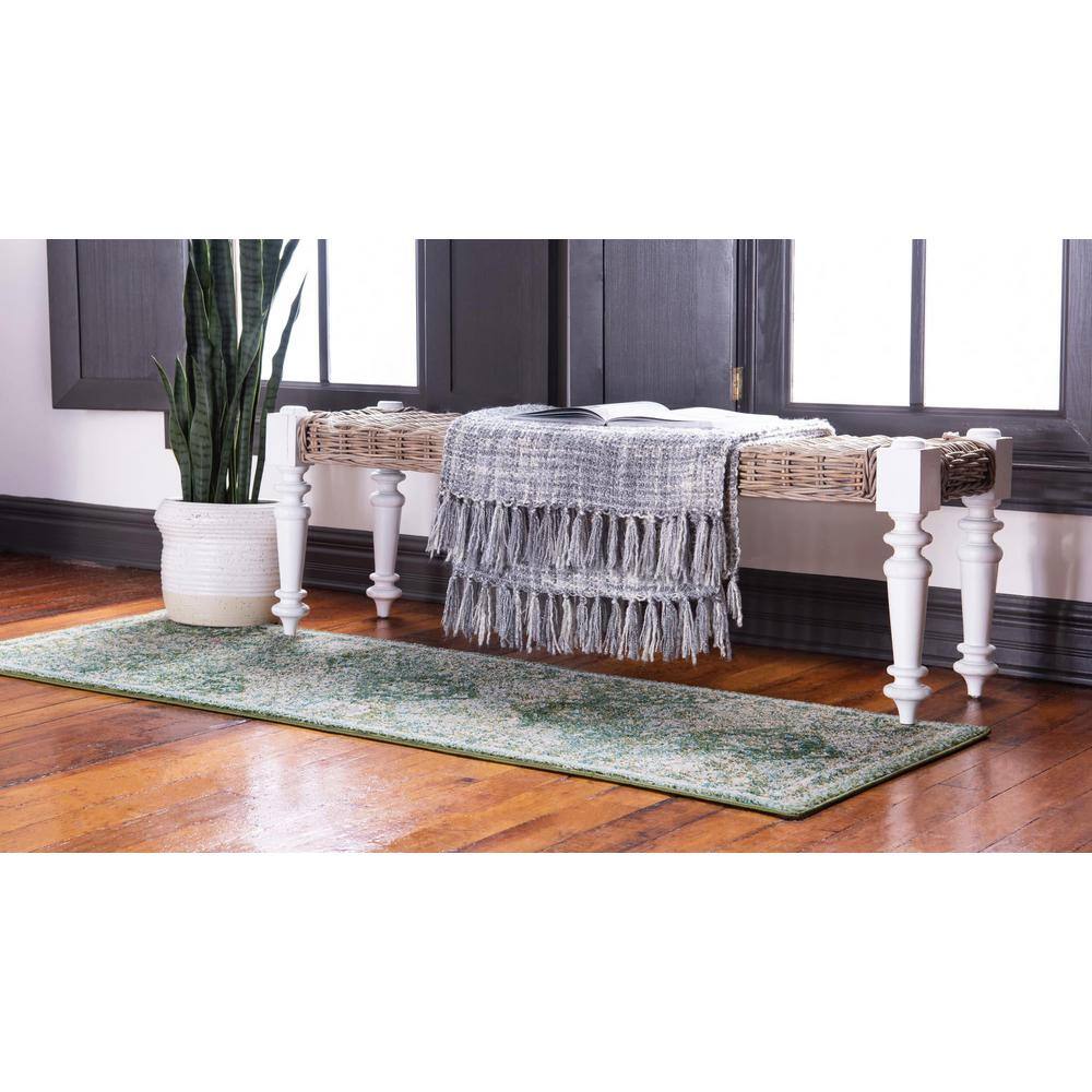 Green and Beige Synthetic Runner Rug with Traditional Design