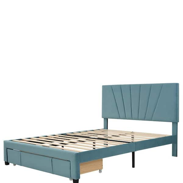 ATHMILE Beige Wood Frame Queen Velvet Upholstered Platform Bed with Drawer