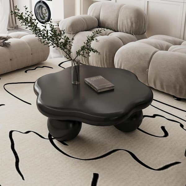 Kieran 35.03 in. Modern Matte Black Specialty Shaped MDF Wood Top Coffee Table with 3-Ball Legs, Cloud Shaped