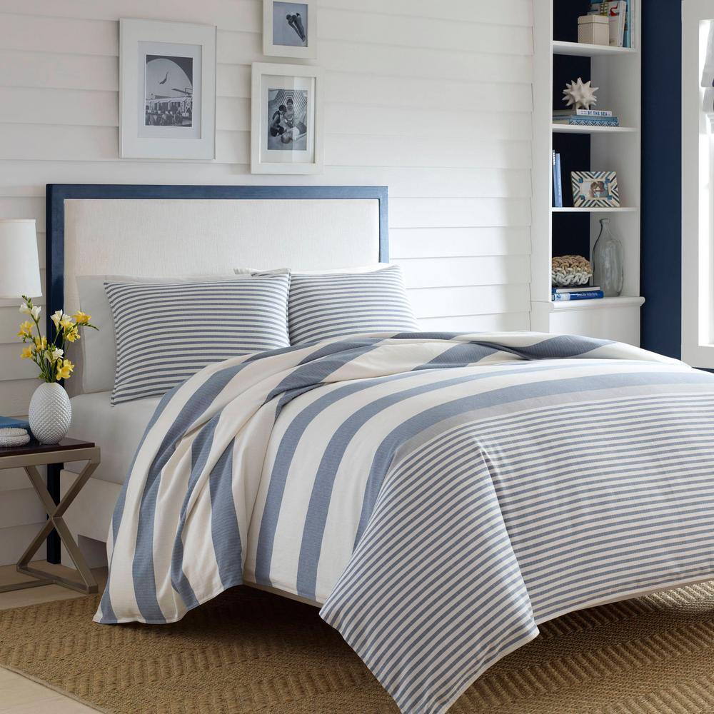 Modern Blue Navy White Khaki Stripe Comforter Set – Soft Microfiber, Down Alternative