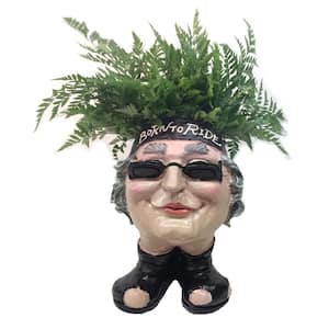 13 in. H Biker Babe Painted Muggly Face Planter in Motorcycle Attire Holds 4 in. Pot