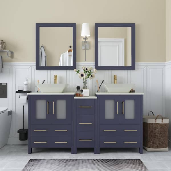Ravenna 60 in. W Double Basin Bathroom Vanity in Blue with White Engineered Marble Top and Mirror