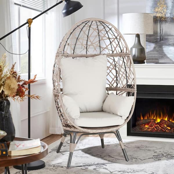 ULAX FURNITURE Indoor/Outdoor Wicker Egg Lounge Chair with Beige Cushions