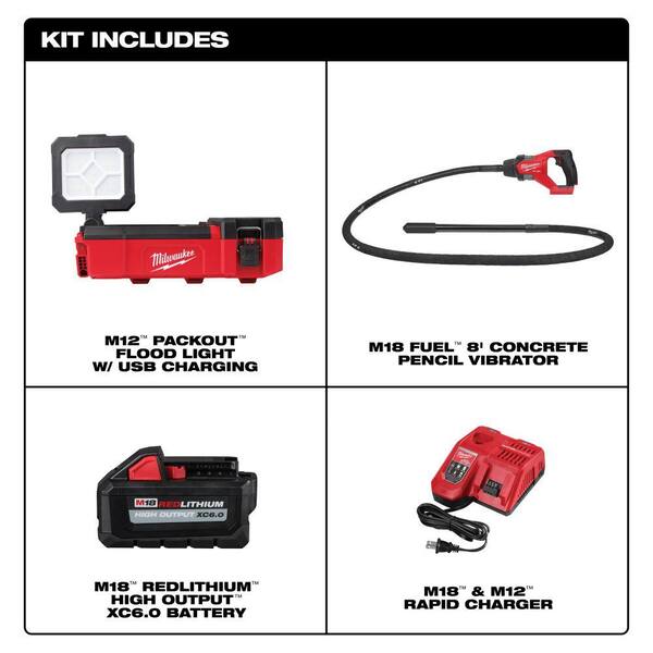 Milwaukee M12 12V Lithium-Ion Cordless PACKOUT Flood Light W/USB Charging and M18 FUEL 8 ft. Concrete Pencil Vibrator Kit