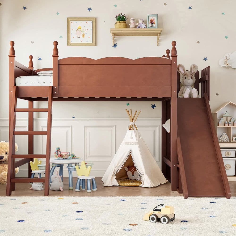 Antique Natural Twin Loft Bed with Storage Shelves and Wardrobe, Detachable Slide and Ladders price history on PriceWatchPro