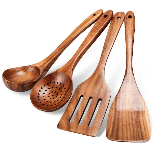 4 Piece Teak Wood Cooking Utensil Set Natural Finish Heat-Resistant Spatula Ladle Skimmer for Nonstick Cookware