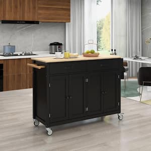 Black Kitchen Island with Spice Rack and Drawers