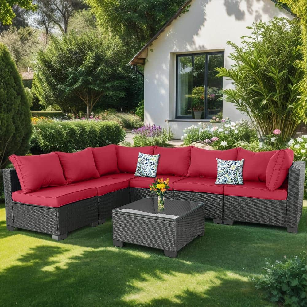 Brown 7-Piece Wicker Outdoor Sectional Set with Glass Table and Red Cushion