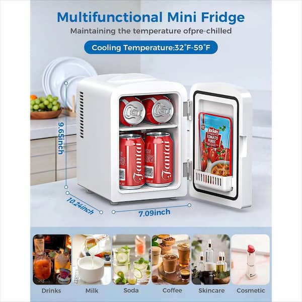 7.09 in. 0.15 cu. ft. 4L Mini Refrigerator, 6 Can Portable Mini Fridge for Drinks, Skincare & Makeup in White