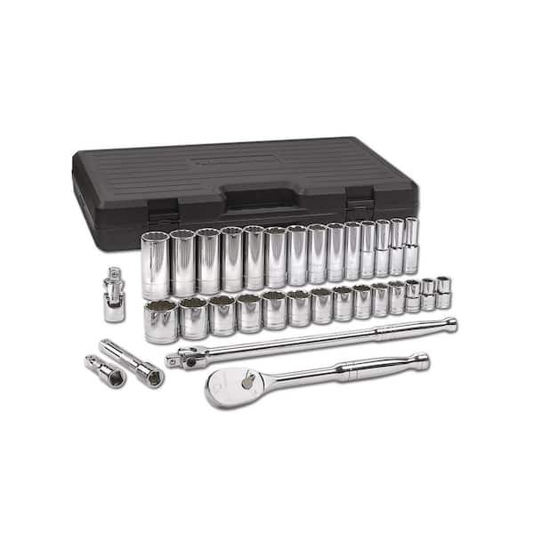 1/2 in. Drive 12-Point Standard & Deep SAE 90-Tooth Ratchet and Socket  Mechanics Tool Set (33-Piece)