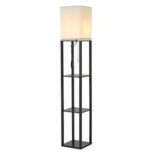 62.6 in. 1-Light Pole in Black Column Floor Lamp with White Linen Shade Bulb Not Included