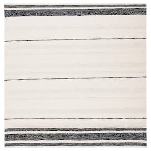 Striped Kilim Ivory Black Doormat 3 ft. x 3 ft. Striped Square Area Rug