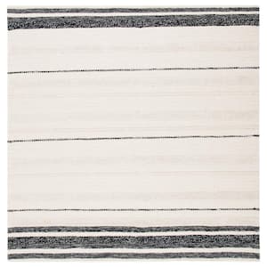 Striped Kilim Ivory Black 7 ft. x 7 ft. Striped Square Area Rug