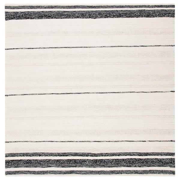 Striped Kilim Ivory Black 9 ft. x 9 ft. Striped Square Area Rug