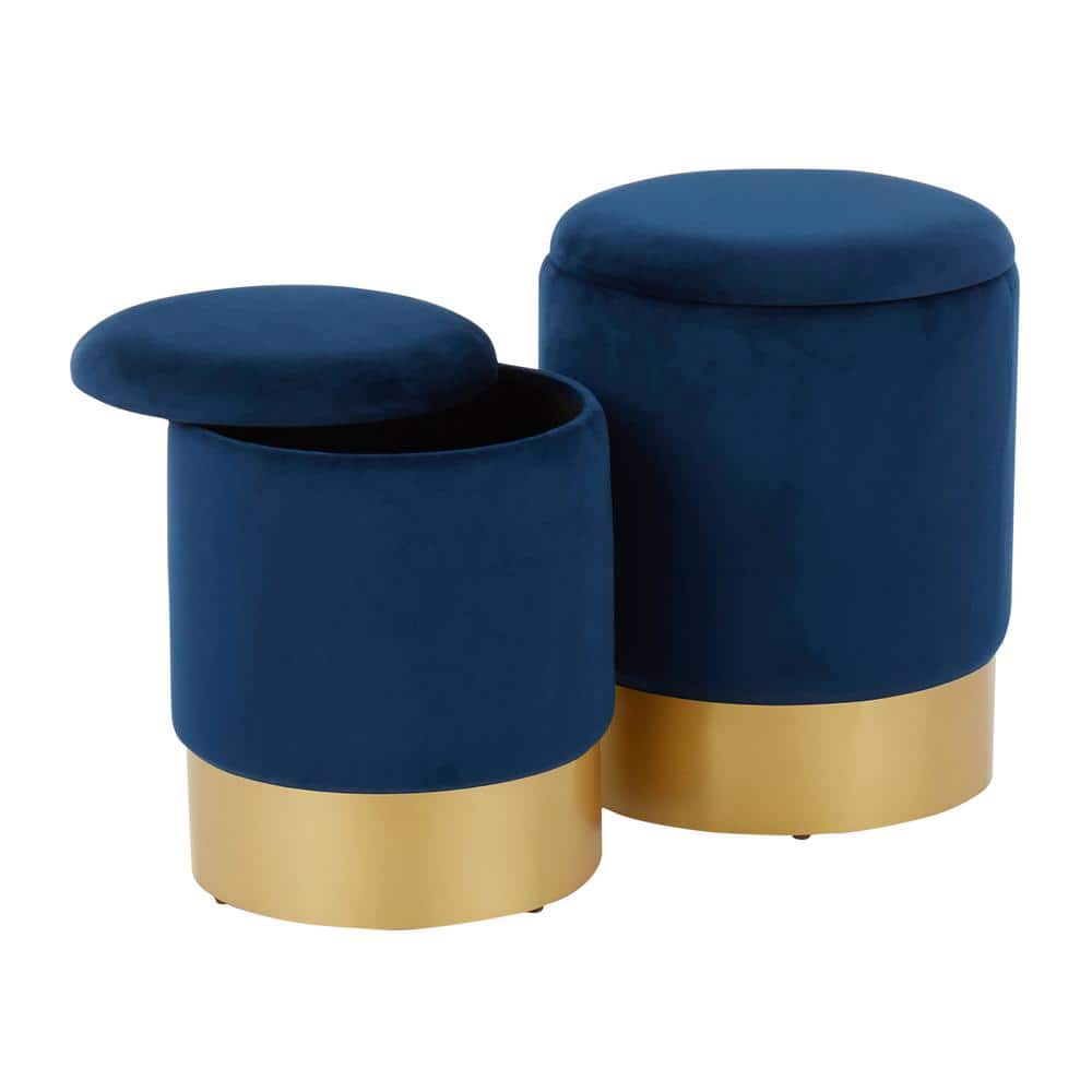 Blue Velvet and Gold Round Nesting Ottomans Set of 2
