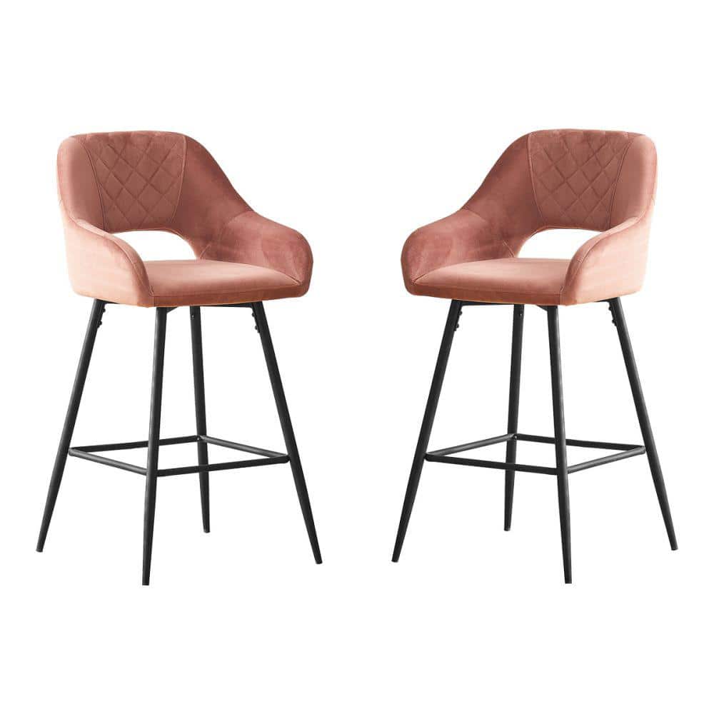 38.2 in. Metal High Back Outdoor Bar Stool with Rose Velvet Cushion (Set of