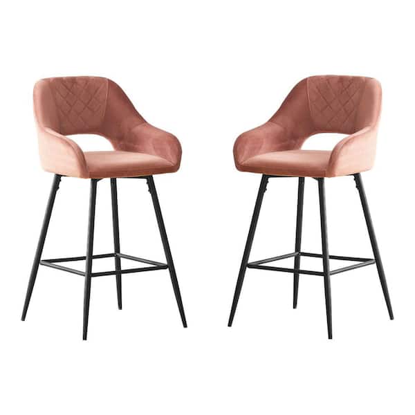 Amucolo 38.2 in. Metal High Back Outdoor Bar Stool with Rose Velvet Cushion (Set of 2)