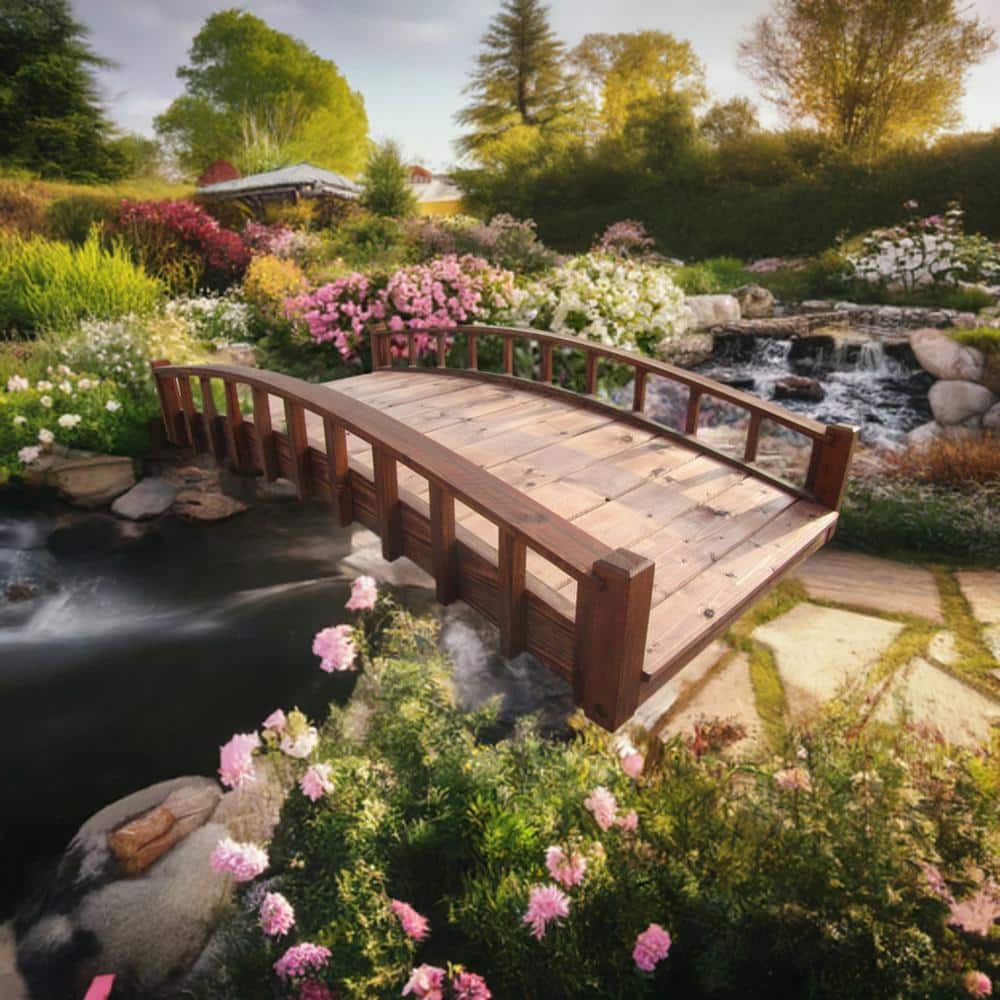 6-Foot Brown Arched Wooden Japanese Garden Bridge