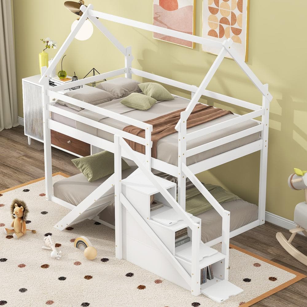 Polibi Twin Over Twin House Loft Or Bunk Bed With Slide And Staircase ...