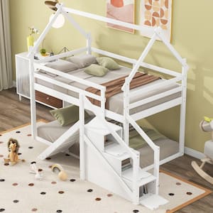 Twin over Twin House Loft or Bunk Bed with Slide and Staircase, White