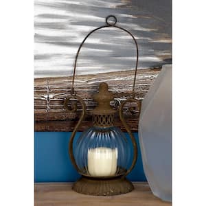 11 in. H Brown Metal Decorative Candle Lantern with Handle