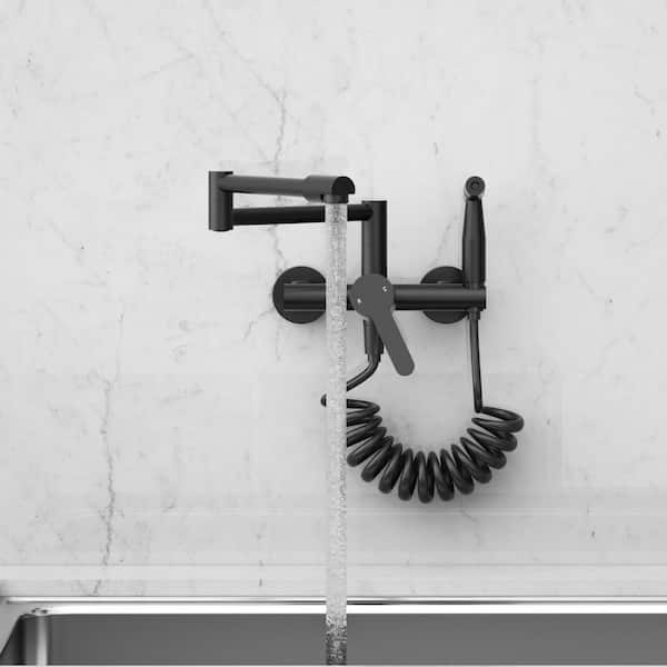 Wall Mount Folding Kitchen Faucet with Spray Gun, Dual Function Pot Filler Tap, 3.1 GPM Water Flow in Matte Black