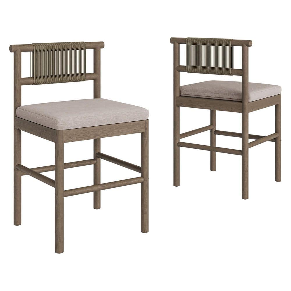 Eleni Set of 2 Teak Wood Outdoor Bar Stools With Rope Backrests Cushions in Weathered Gray Pebble price history on PriceWatchPro